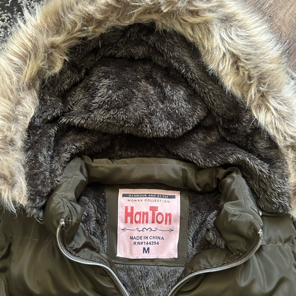 HanTon dark Olive Puffer Jacket with Faux Fur Hood - Picture 3 of 8